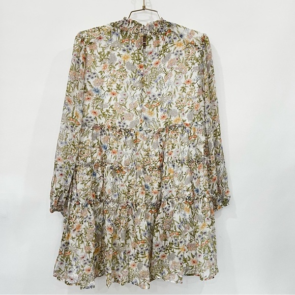 Floral Mini Dress Smocked Neck Tiered Sheer Long Sleeve Lined Multicolored - Picture 2 of 12